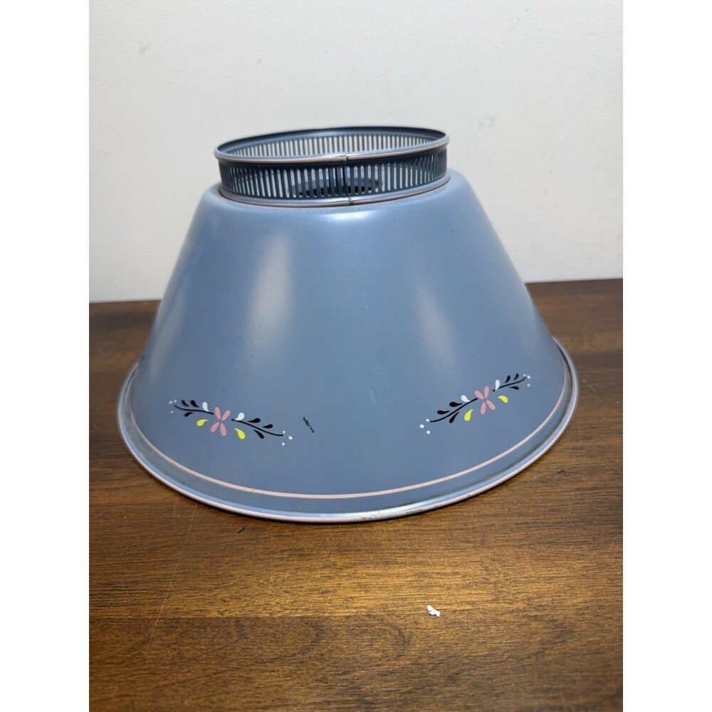 Vintage Tole Toleware Metal Blue Gray Lamp Shade 12"w Painted Flowers Floral - Picture 1 of 9